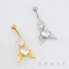 ANGEL WINGS HEART CZ DANGLE BELLY BUTTON NAVEL RING 316L SURGICAL STEEL